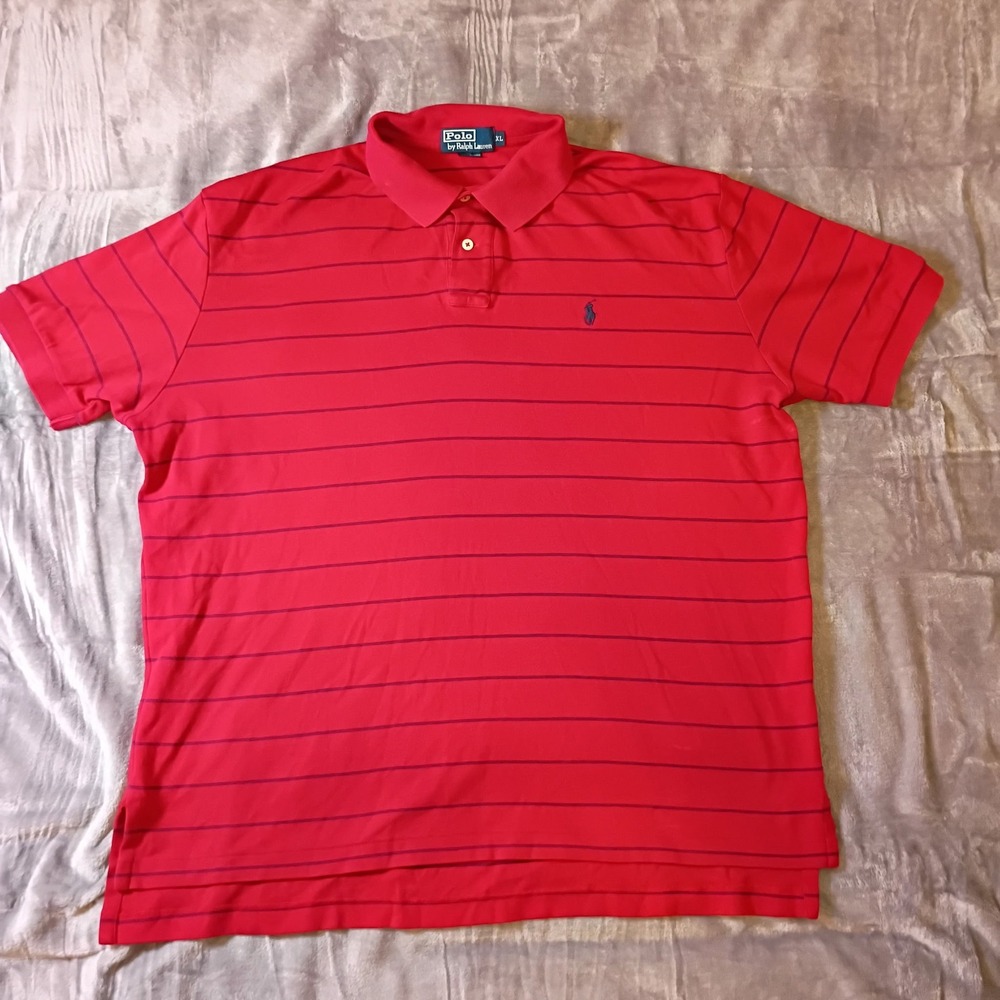 Polo Ralph Lauren Mens XL Red‎ Navy Blue Striped Short Sleeve Cotton Polo Shirt